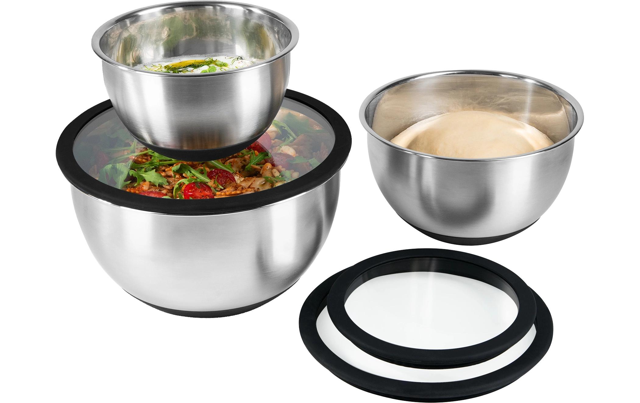 Edelstahl-Schüsseln mit Glasdeckel 3 Stück, Schwarz/SilberSchüssel-Set mit Glasdeckel