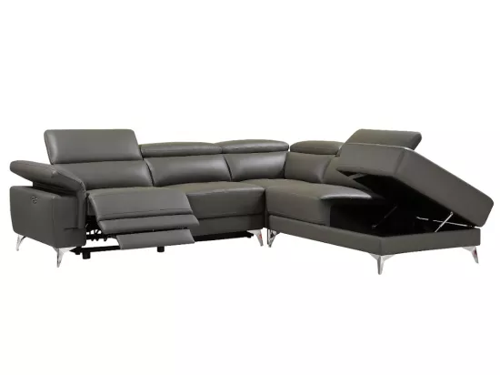 Canapé d'angle droit relax électrique en cuir gris anthracite PASCALINE