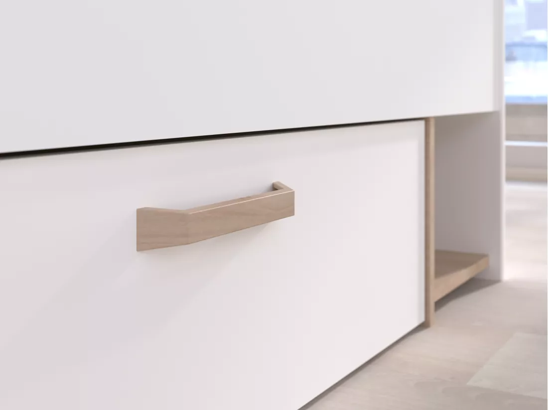 Lit 140 x 190/200 cm avec rangements - Blanc et naturel + Sommier + Matelas - KINSELIA