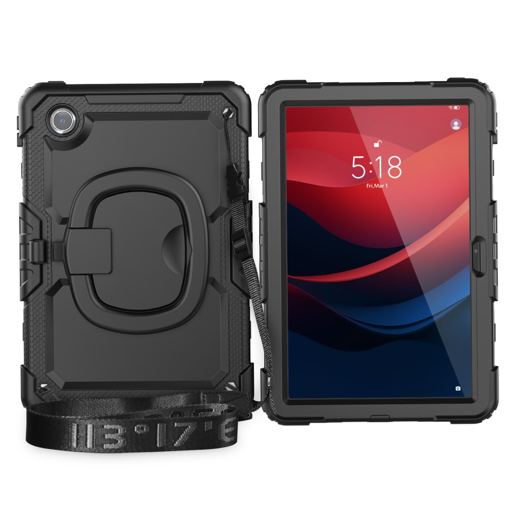 Lenovo Tab Tab M11 (1. Gen.) Hybrid Outdoor Silikon Case Hülle mit Aufsteller und Schultergurt - Schwarz