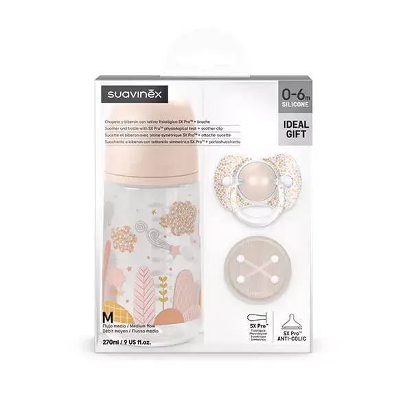 Conjunto de presente Suavinex com mamadeira, chupeta e prendedor de chupeta, rosa Dreams, 270ml