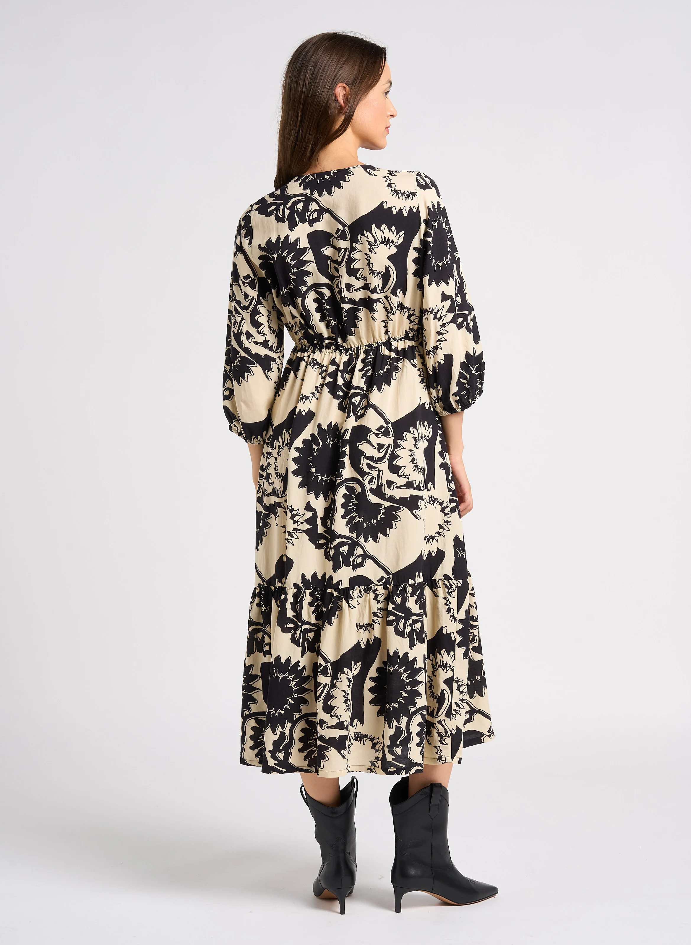 FERAE - Robe midi col V à imprimé floral | Noir