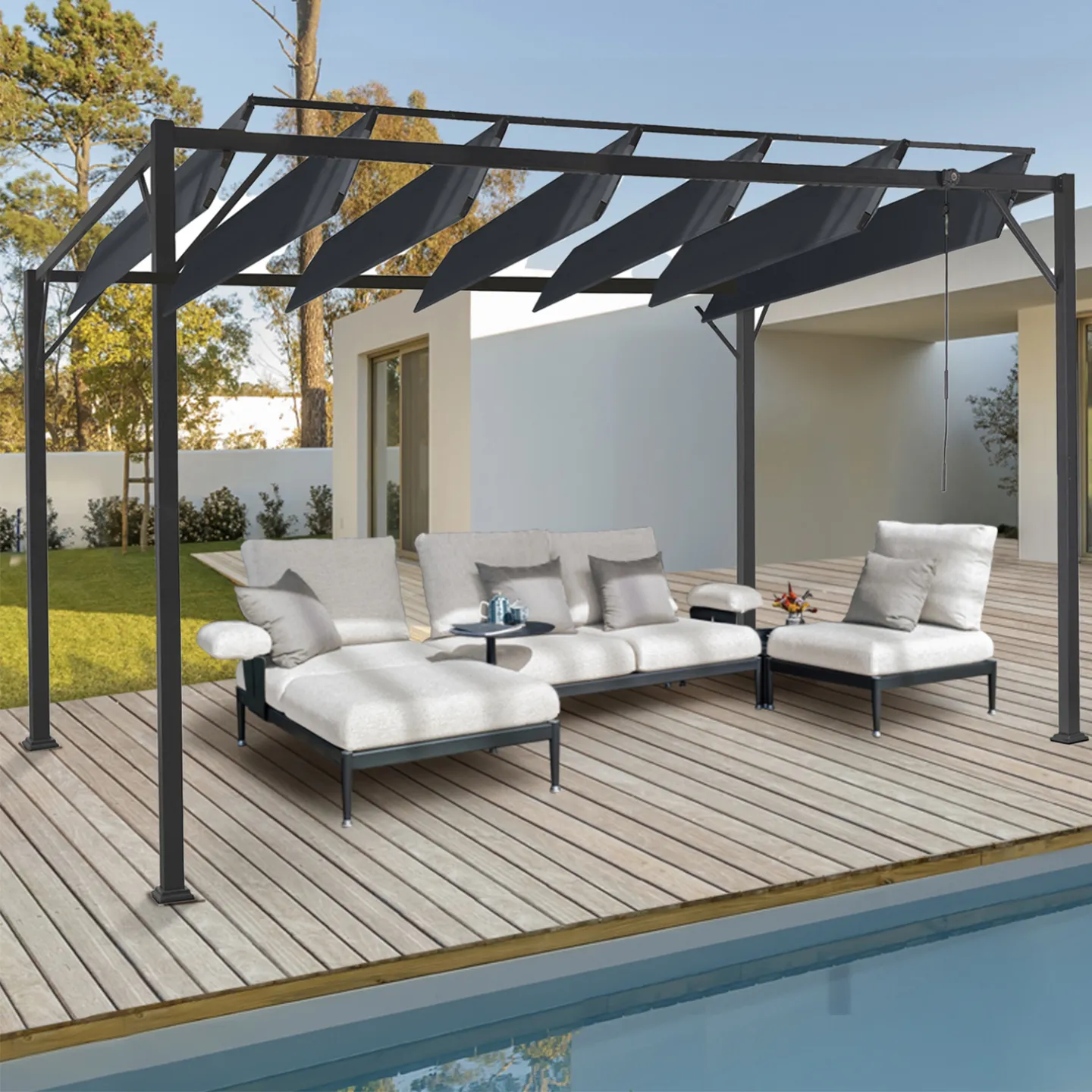Pergola édition luxe lames orientables 3x3 M et 4 stores gris anthracite