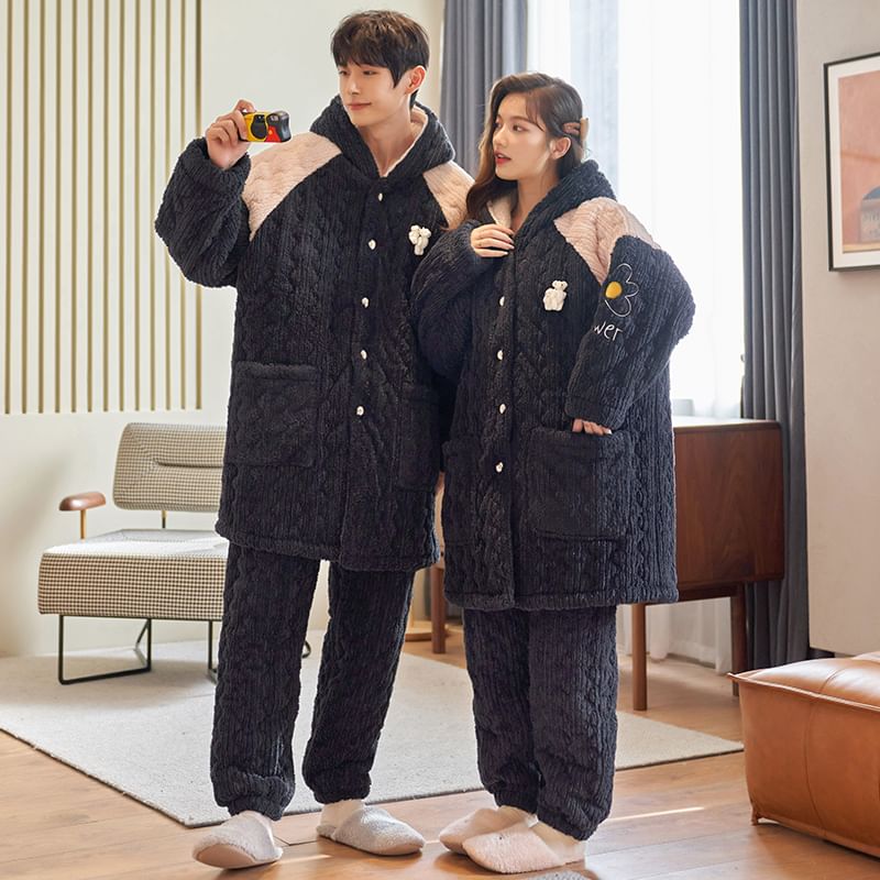 Jeony - Bijpassende pyjamaset voor koppels: cartoonpatroon capuchon, koraalfleece jas met knopen + rechte broek