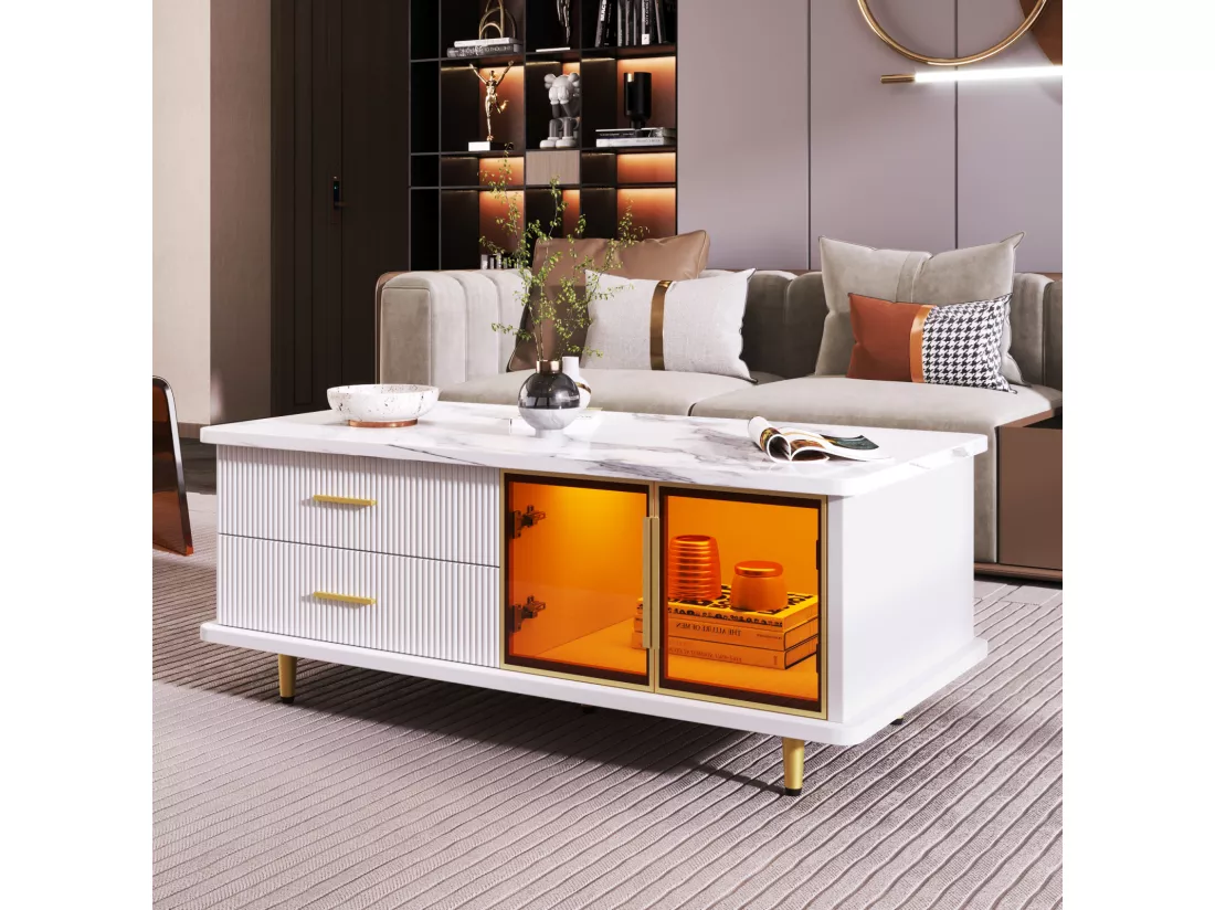 Table basse, meuble TV, meuble de salon modulable, porte en verre trempé, cadre en alliage d'aluminium, tiroirs à texture ondulée, poignées et pieds dorés, plateau de table texture marbre.
