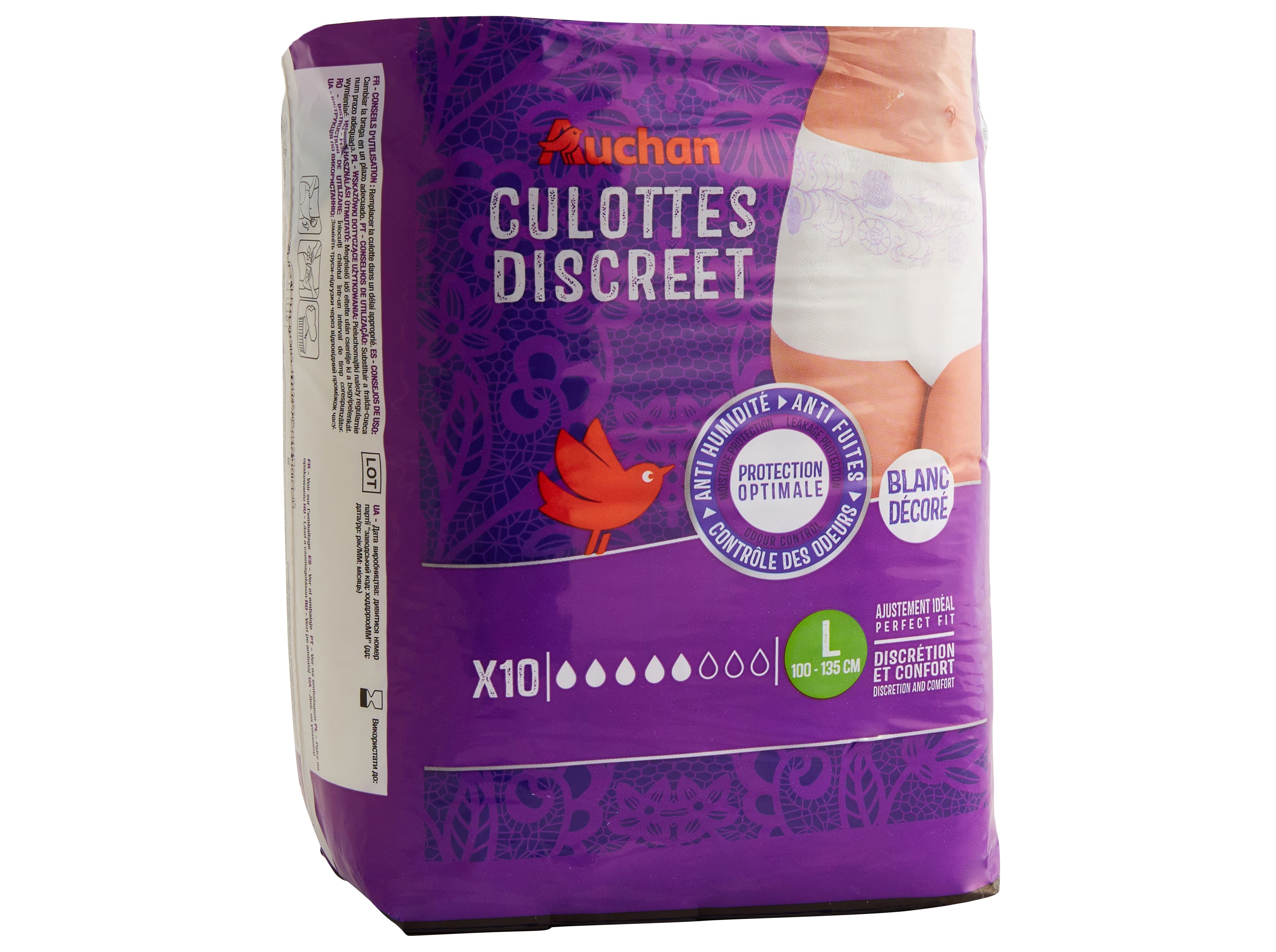 CUECAS DE INCONTINÊNCIA AUCHAN DISCREET TAMANHO L BRANCO 10UN