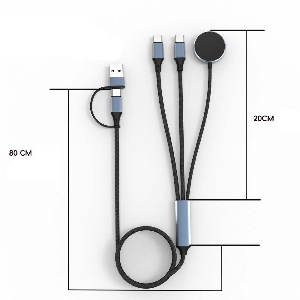 (1m) 100W 3in1 USB C / USB A auf 2 x USB C / Apple Watch Magnetisches Ladekabel Nylon Datenkabel - Blau