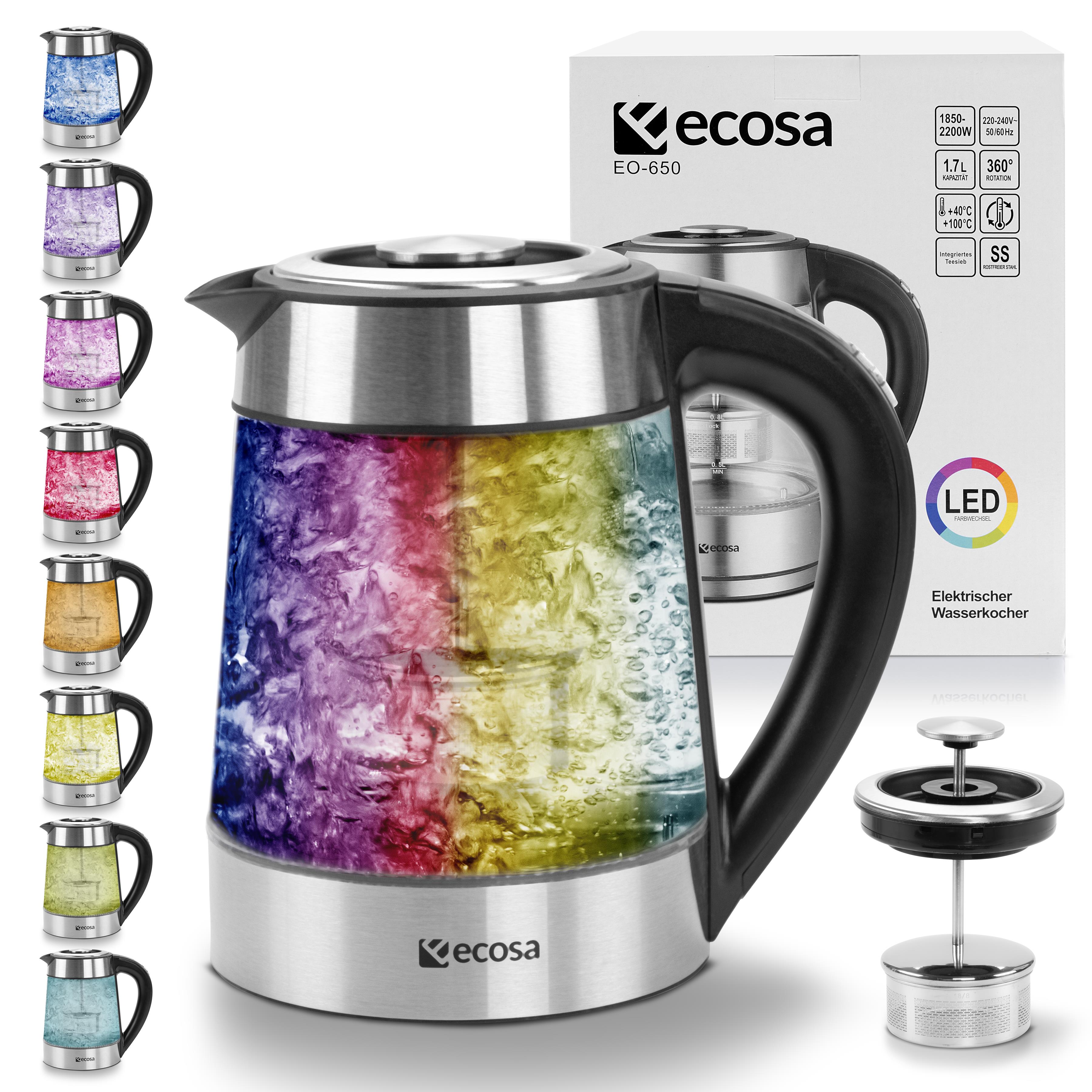 Ecosa Glas Wasserkocher m. Temperatureinstellung Teefilter LED 1.7L