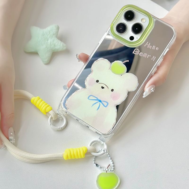 likamika - Bear Mirrored Strap-telefoonhoesje - iPhone 15 Pro Max / 15 Pro / 15 Plus / 15 / 14 Pro Max / 14 Pro / 14 Plus / 14 / 13 Pro Max / 13 Pro / 13 / 13 mini / 12 Pro Max / 12 Pro / 12