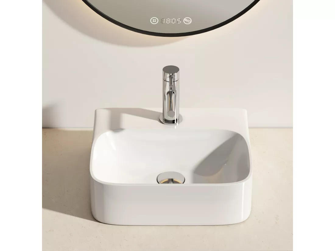 EMKE Vasque à Poser en céramique 43,5×39,5×13cm, Lavabo rectangulaire avec robinet trou prépercé, Lavabo à poser blanc brillant