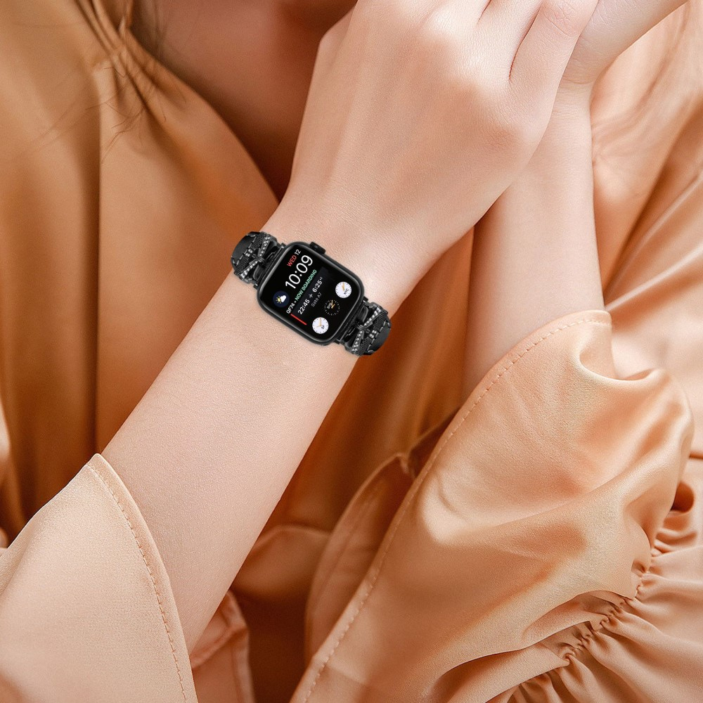 Apple Watch (42/41/40/38 mm) Leder Armband im Slim Design mit schwarzer Glitzerstein-Schnalle (Gelenkumfang: 175-220mm) - Schwarz