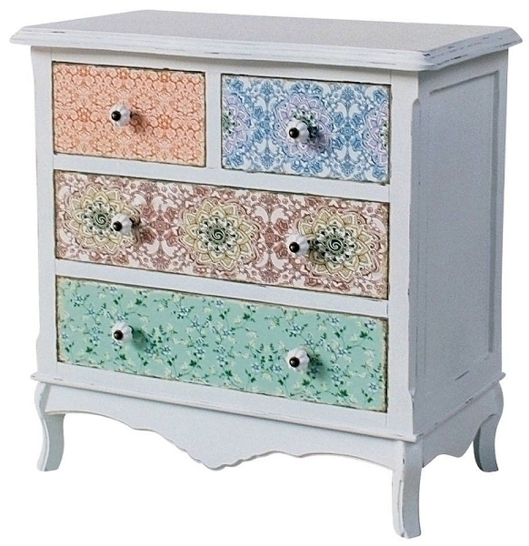 Kommode Paisley - shabby chic - weiß-bunt - mit 4 Schubladen