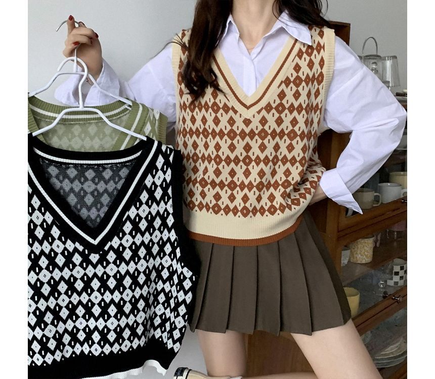 Saccharine - V-hals patroon trui vest