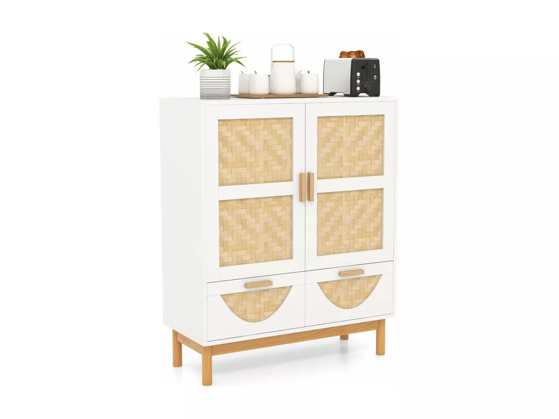 Buffet de Cuisine, Armoire Cuisine 2 Portes Tressées en Bambou, 2 Tiroirs, Étagère Réglable, Design Cannage, Kits Anti-Renversement, Vaisselier Armoire Cannage, Bohème, 80 x 35 x 98 cm