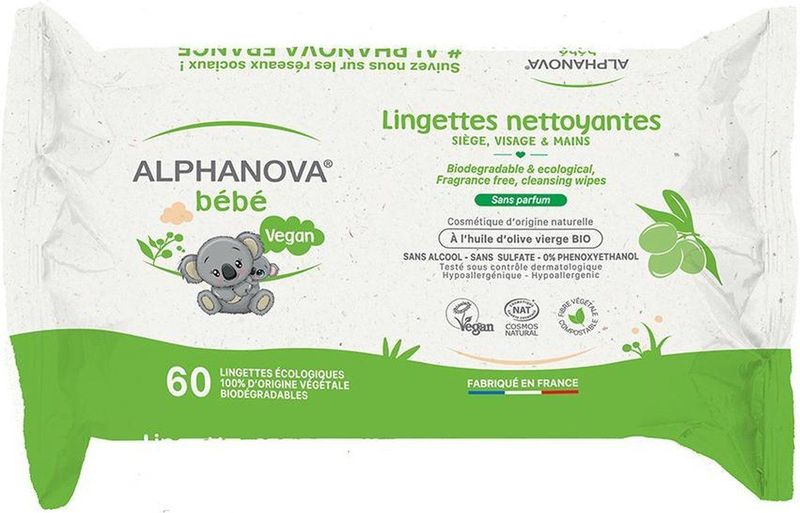 Alphanova - Bebe - Reinigingsdoekjes - Wit - 3 x 60 Stuks