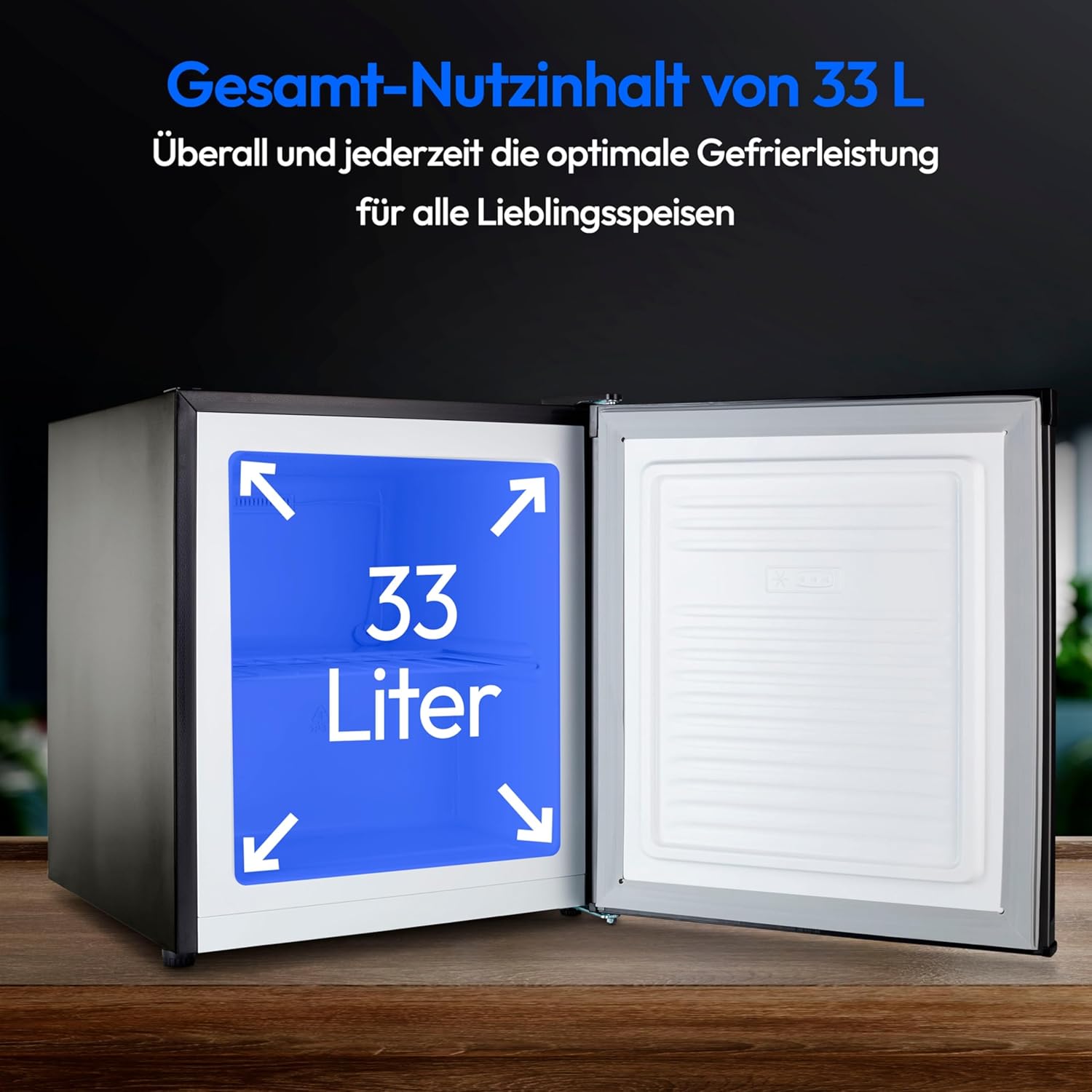 MEDION Mini Gefrierschrank (33 Liter Nutzinhalt, 51cm hoch, höhenverstellbare Füße, Griffmulde, manuelle Temperatureinstellung, Stern-Einstufung 4 Sterne, MD37675) grau