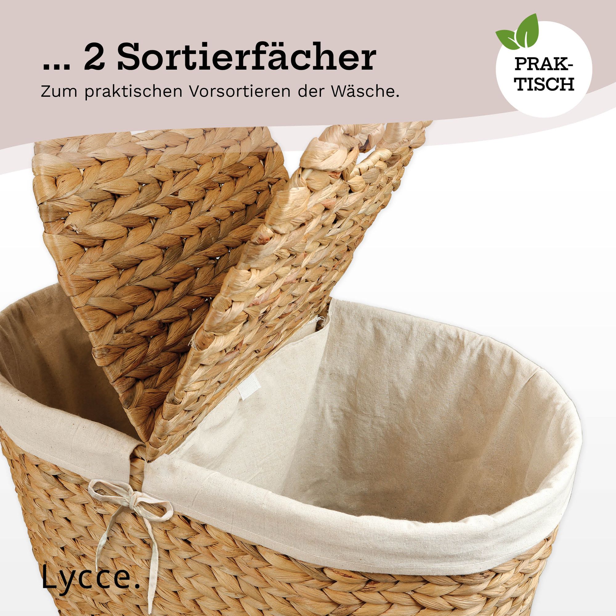 Lycce Wäschekorb aus Wasserhyazinthe, 2 Fächern, Deckel, Wäschesack