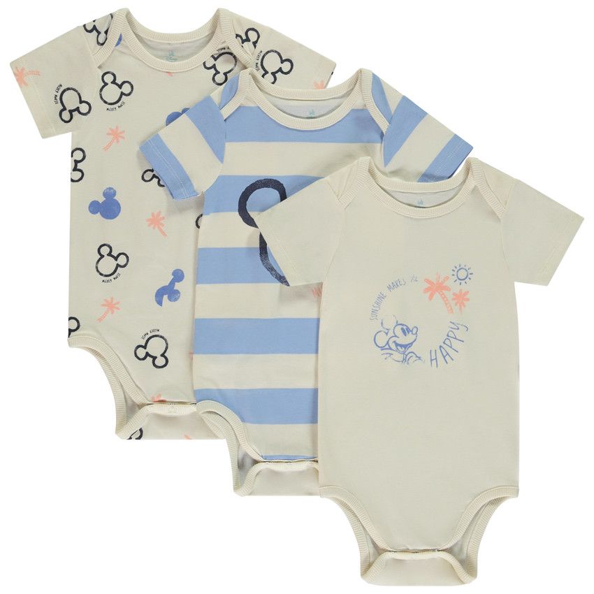 Lot de 3 bodies manches courtes Mickey Disney pour bébé garçon avec ouvertures différentes selon l'âge - Ecru
