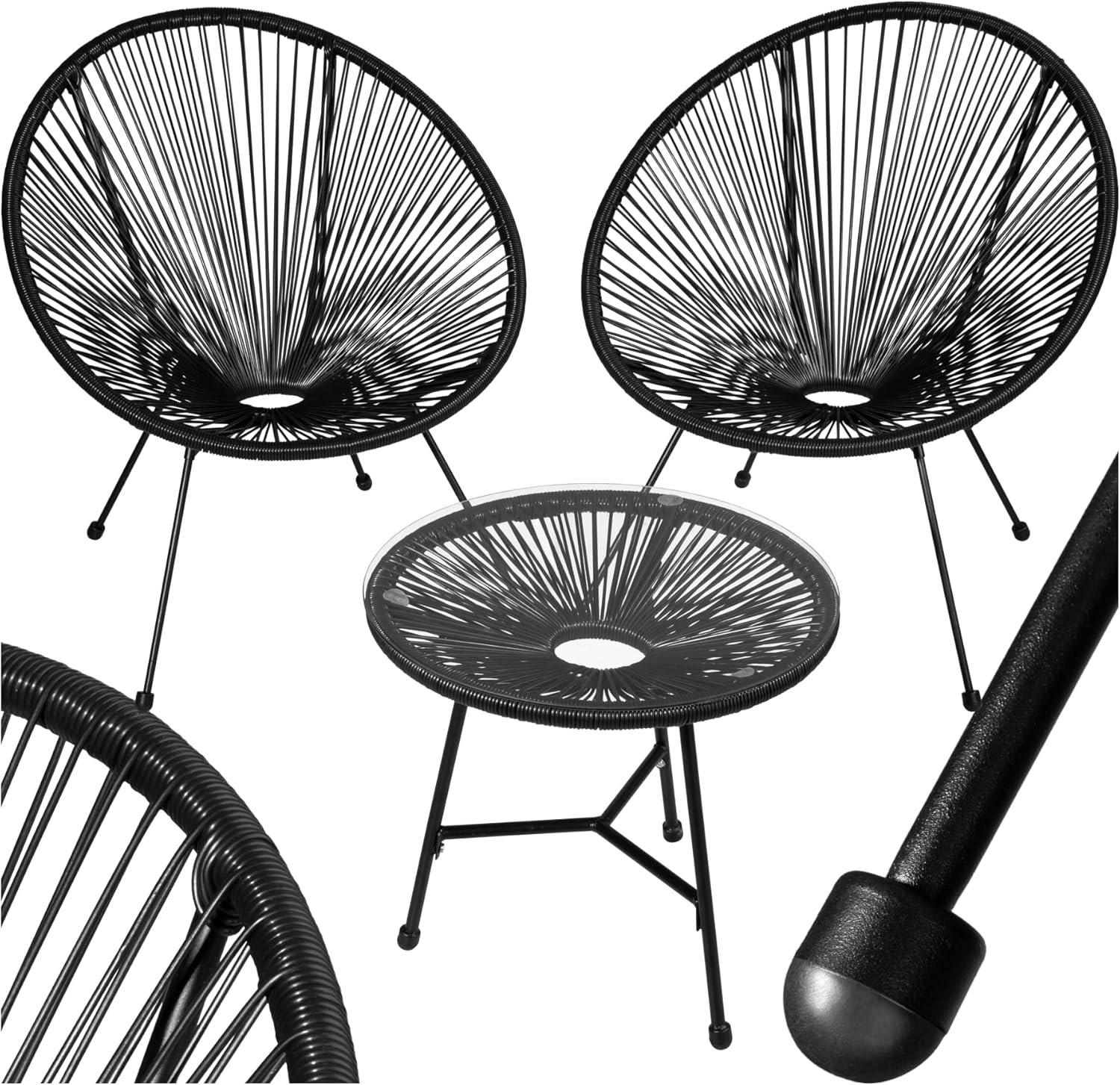 tectake® Set 2X Stuhl 1x Beistelltisch Acapulco, Gartenstuhl, Gartenstühle im Retro Design, Indoor und Outdoor Sessel für Garten, Wintergarten, als Terrassenstühle oder Balkon Sessel - schwarz