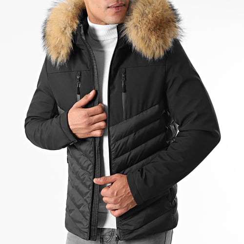 Doudoune Capuche Tech Fitted Avec Fourrure Beige 0027 Noir
