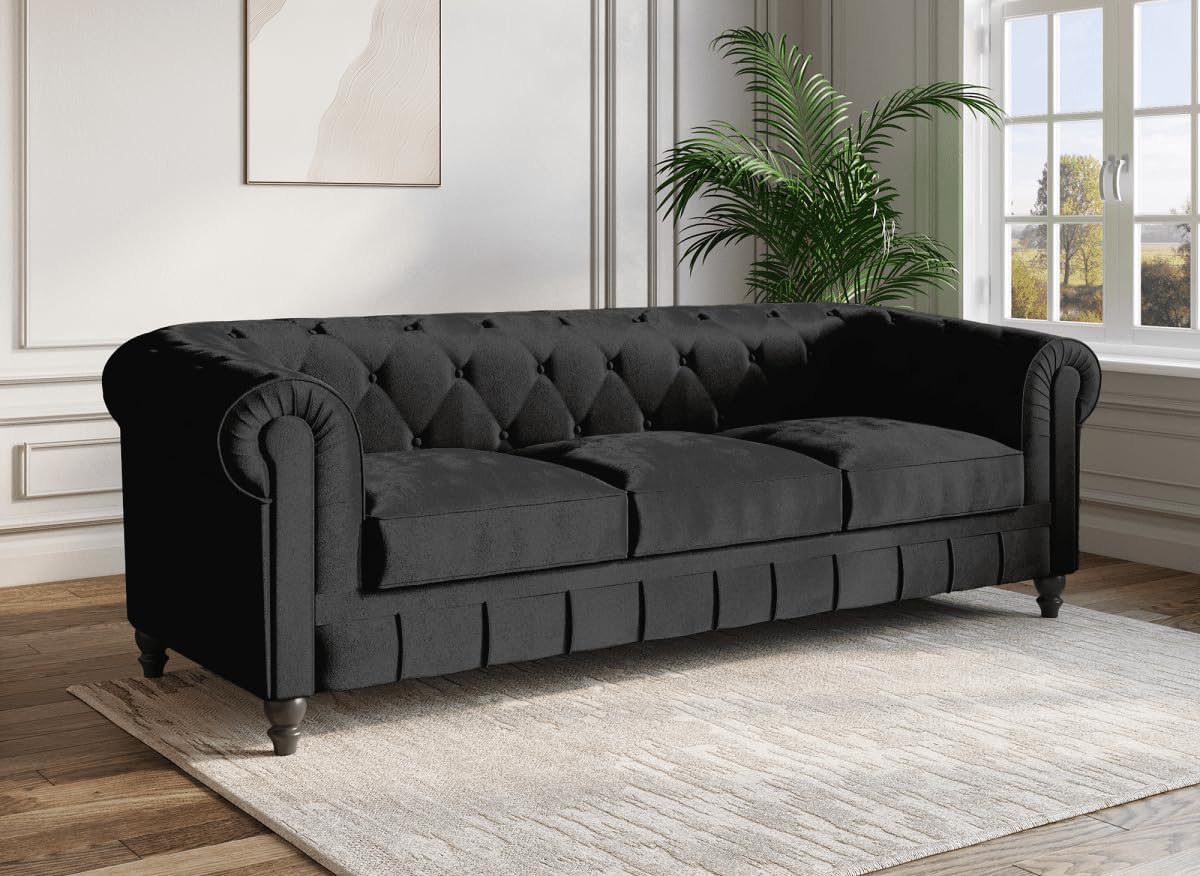 DecoInParis Canapé Fixe 3 Places Velours Noir Chesterfield IL6319992