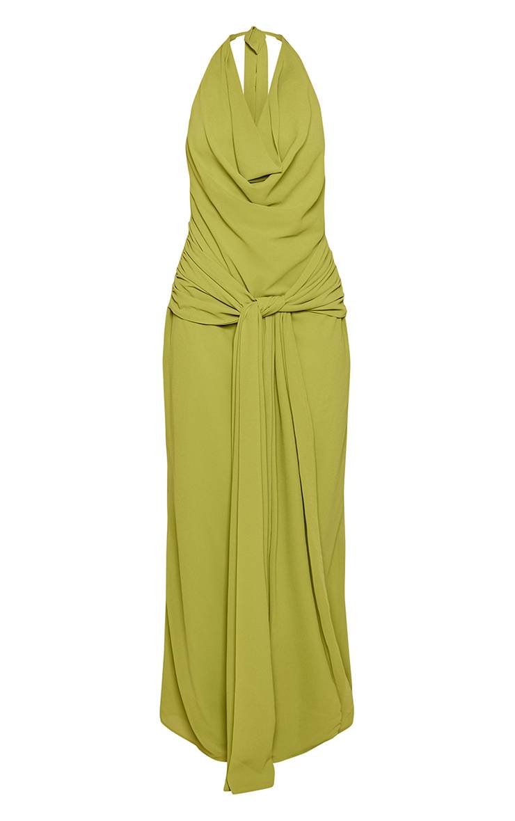 Vert Robe Longue Dos Nu À Col Licou Avec Détail Nœud À La Taille