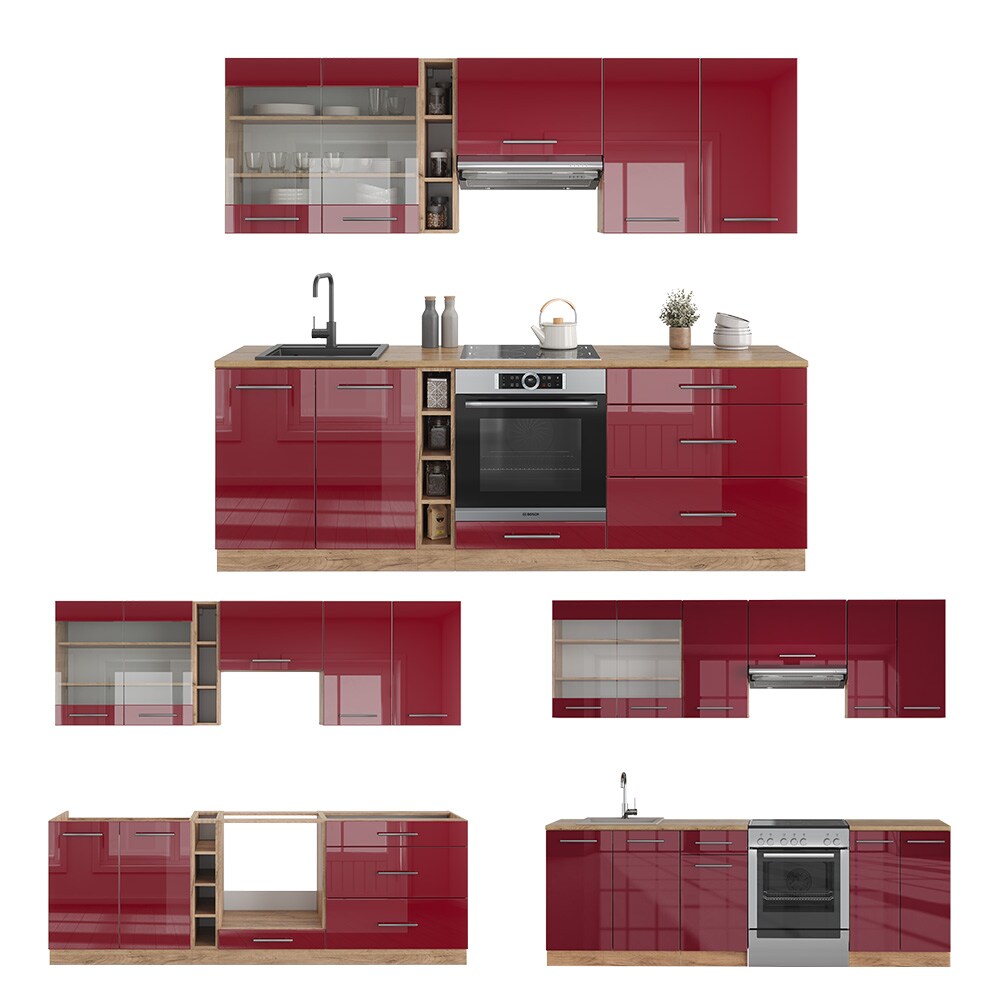 Vicco Küchenzeile Küchenblock Einbauküche Fame-Line Eiche Bordeaux Rot 235 cm modern Hochglanz Küchen Schränke Hängeglasschrank Hängeschrank Schubladenunterschrank Spülenunterschrank Herdumbauschrank