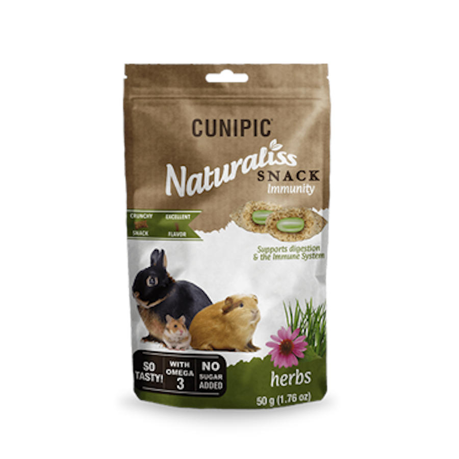Petiscos à base de ervas Cunipic Naturaliss para fortalecer a imunidade de roedores.
