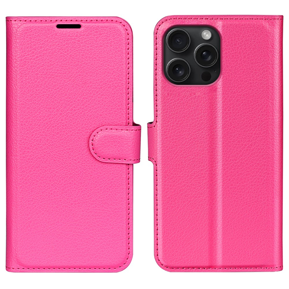 iPhone 16 Pro Leder Tasche Flip Cover Litchi Look - Pink