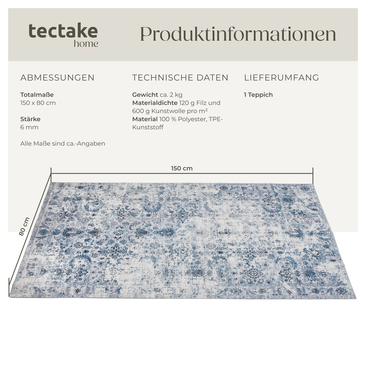Vintage design vloerkleed tectake Amara, diverse maten, antislip achterkant