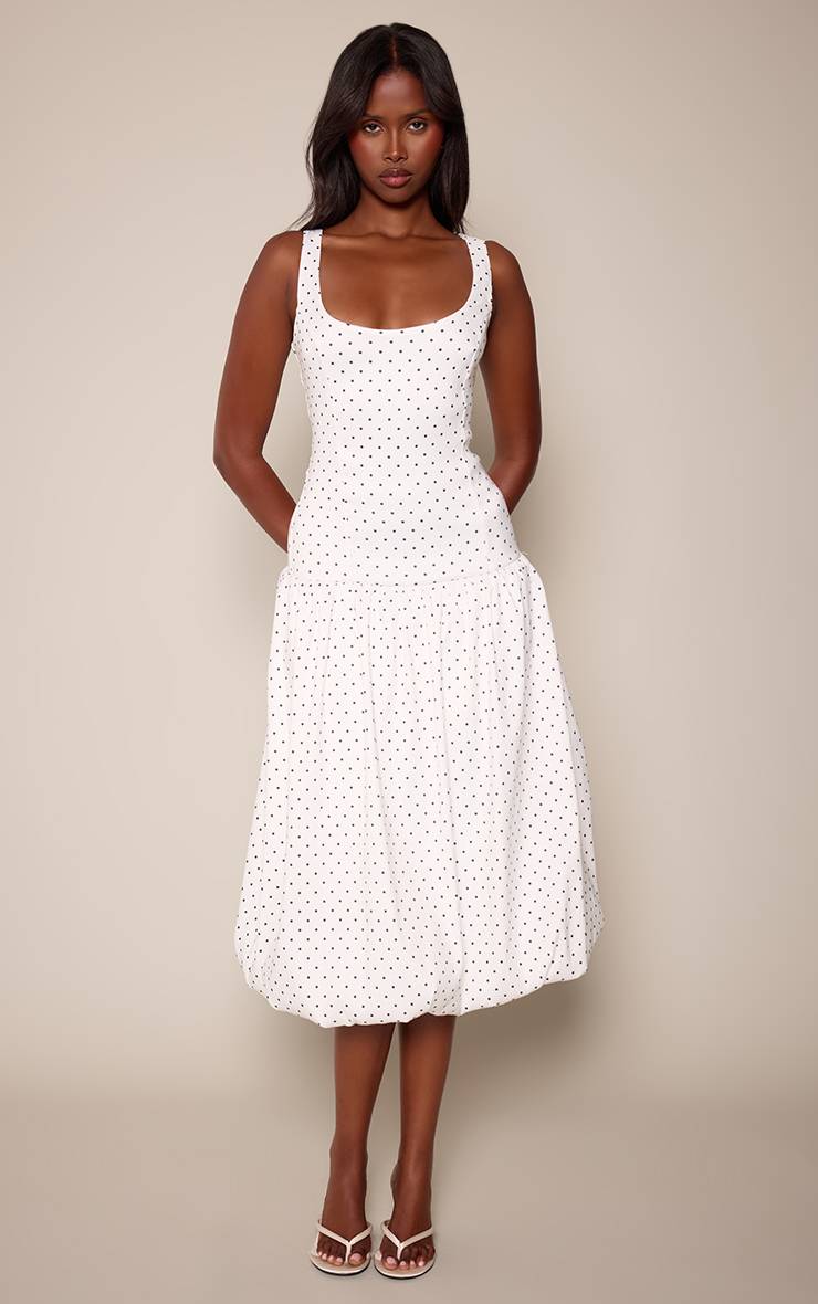 Taupe Robe Midi Tissée Extensible À Taille Basse Et Ourlet Ballon À Pois Blancs
