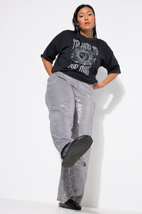 Hose, Wide Legs, Pailletten, Elastikbund
