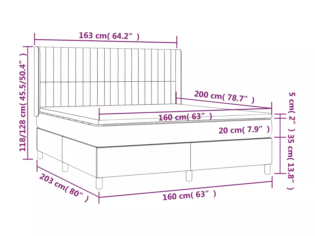 Sommier tapissier matelas et LED Marron foncé 160x200 cm Tissu