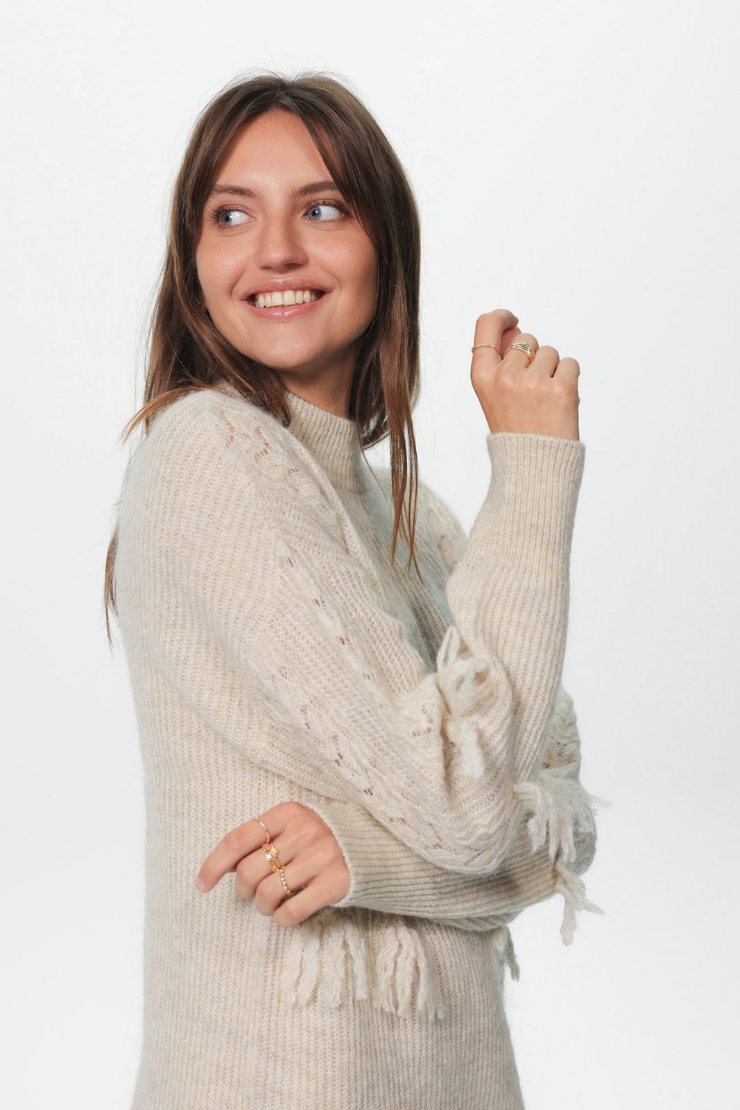 Beige gebreide tuniek met franjes