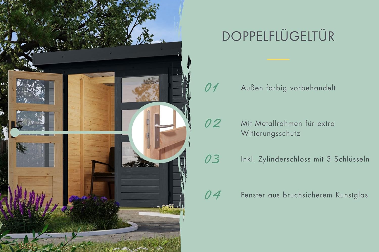 Karibu Gartenhaus Hollywood aus Metall + Holz, in 2 Größen und 3 Farben, optional mit Anbaudach (anthrazit, XL - mit Anbaudach)