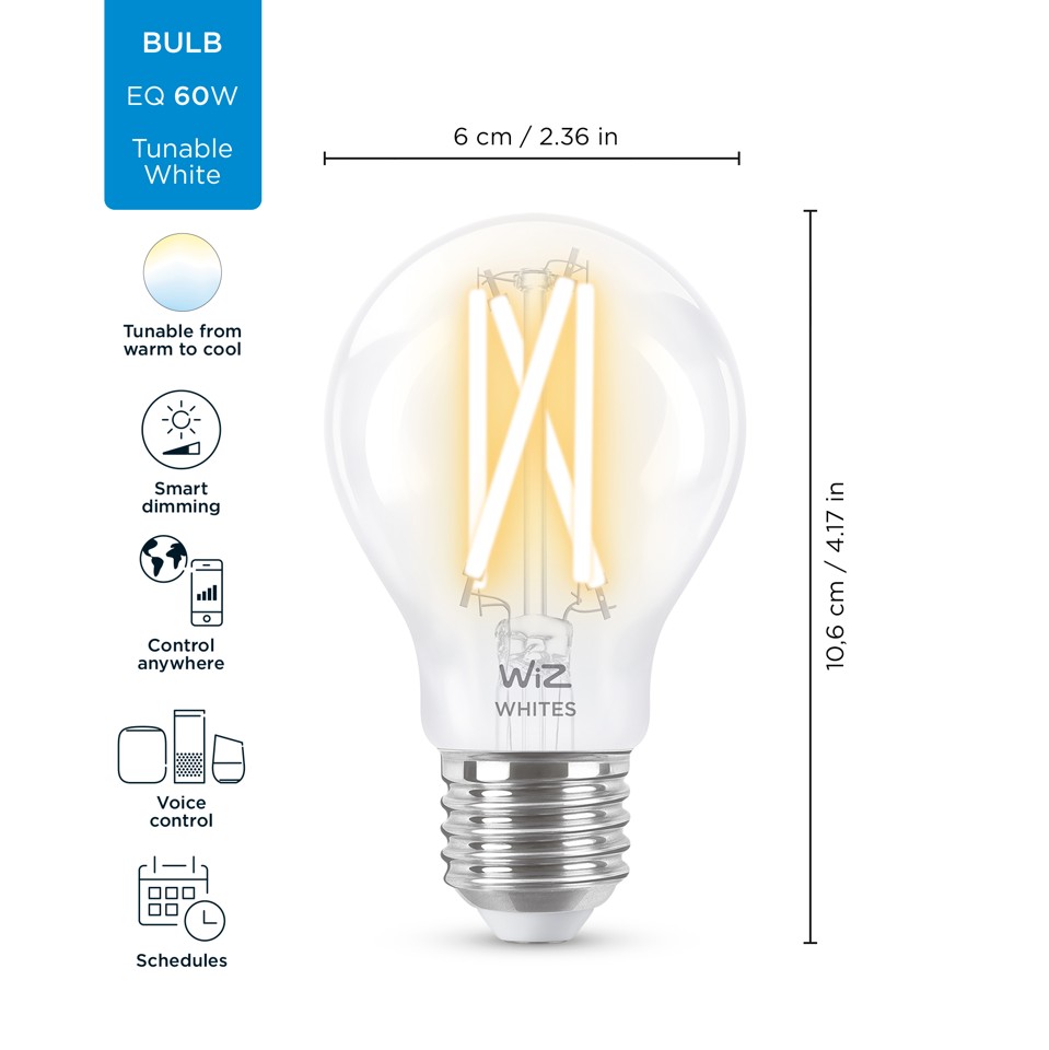 WiZ - A60 Clear-pære E27 Justerbar Hvid - Smart Hjem