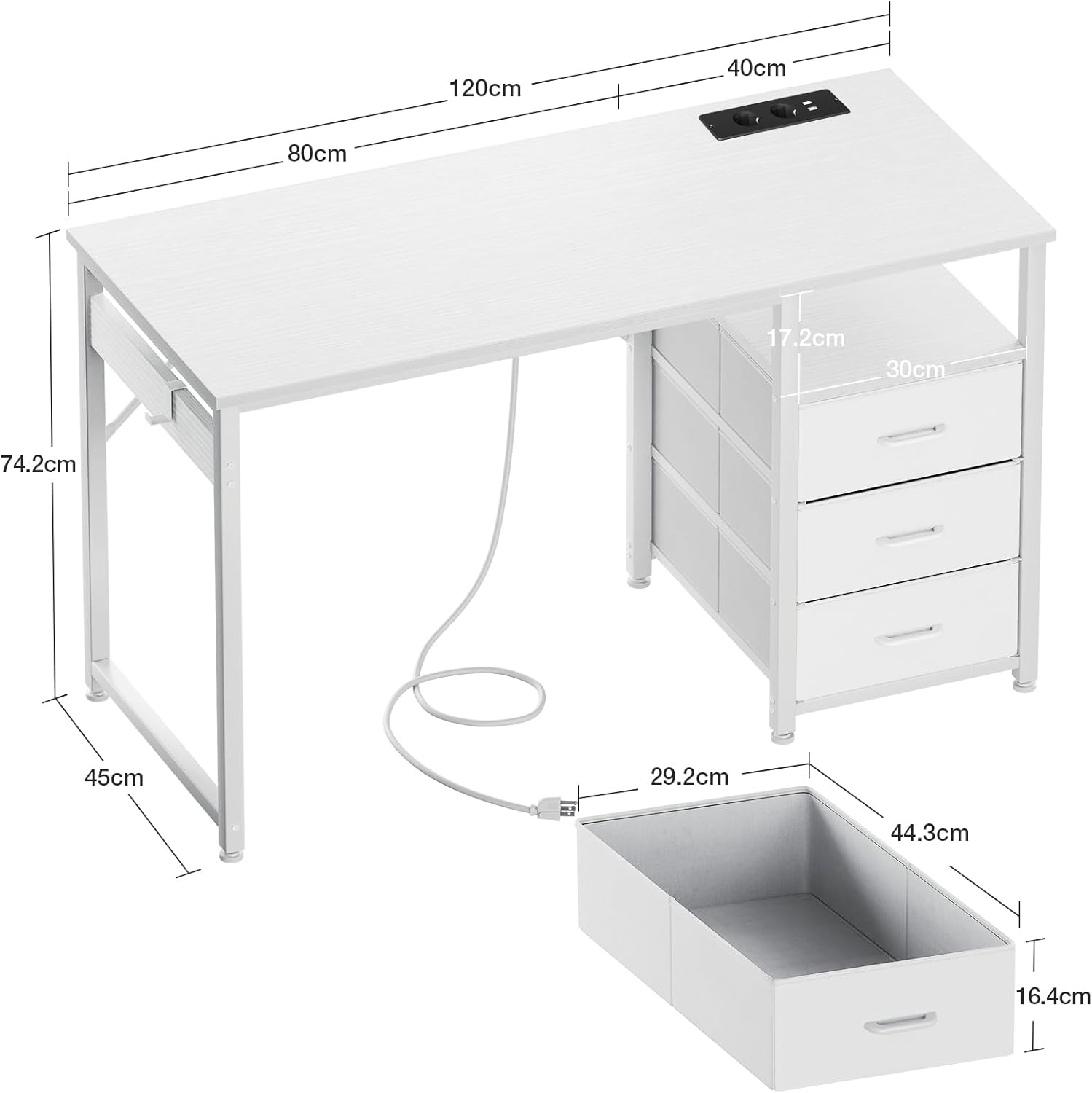 ODK Schreibtisch mit 3 Schubladen aus Stoff, 120x48x75,5 cm Computertisch mit 2 Steckdosen und USB-Buchsen, Umkehrbarer PC Tisch Bürotisch für Home Office, Weiß