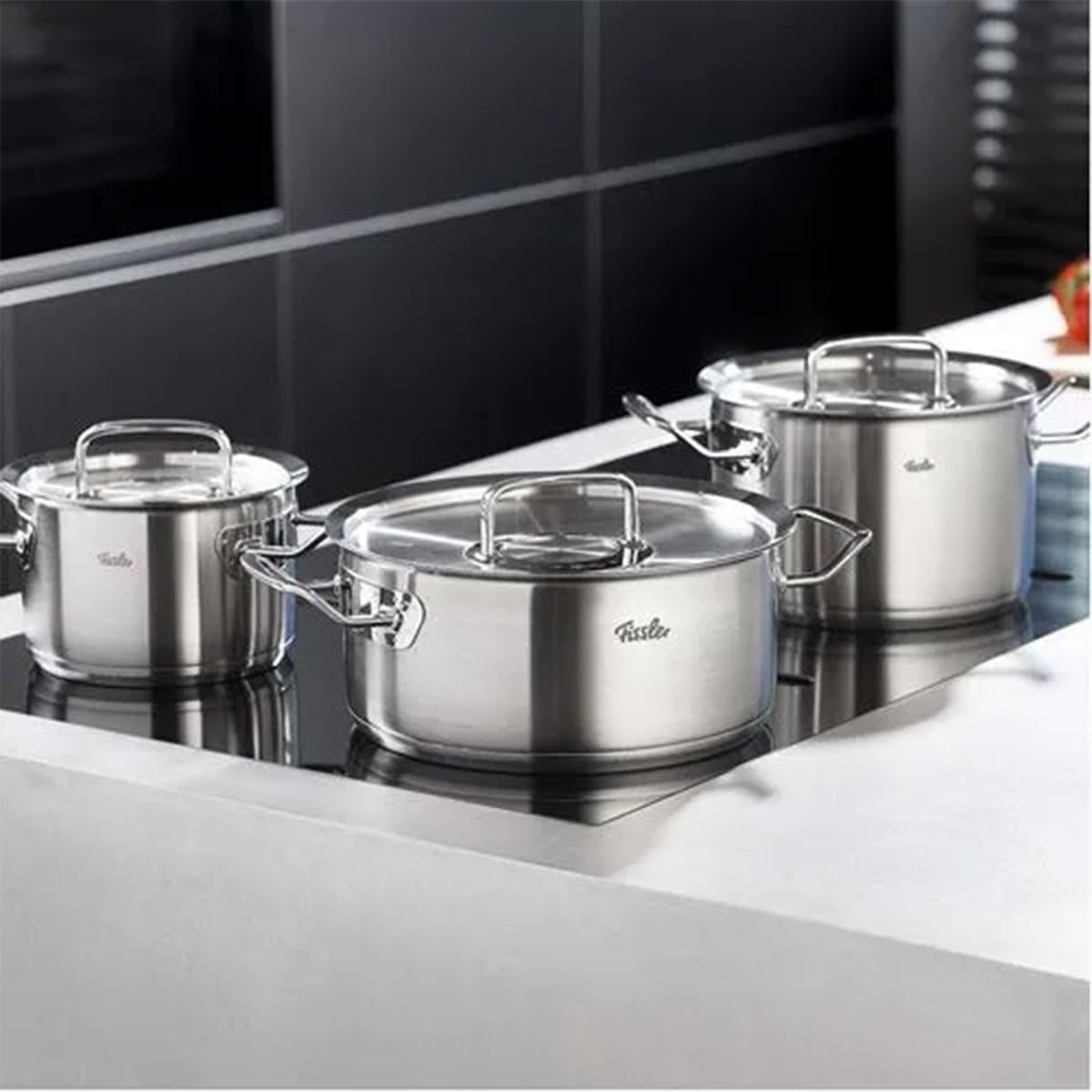 Fissler Original-Profi Collection/Edelstahl-Kochtopfset, 5-teilig, Töpfe mit Metall-Deckel (3 Kochtöpfe,1 Bratentopf 1 Stielkasserolle-deckellos) - Induktion