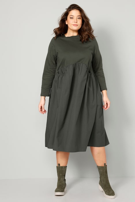Midikleid, A-Line, Materialmix, Rundhals, Langarm, Quernaht