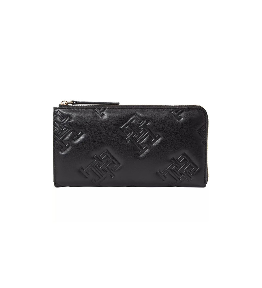 Bolsa Tommy Hilfiger grande com estampa de monograma TH, preta.
