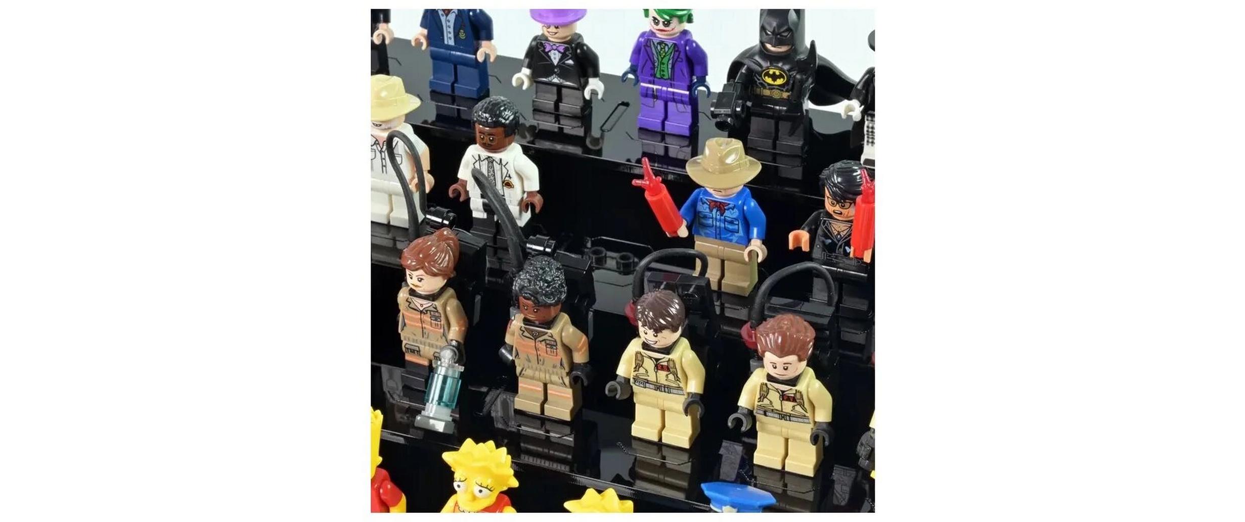 Baukasten Acryl-Display für 40 LEGO-MinifigurAcryl-Display-Box mit schwarzem Boden und Noppen