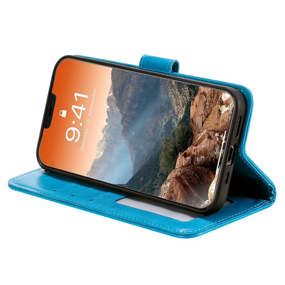 iPhone 12 / iPhone 12 Pro Leder Tasche Wallet - Mandala Flowers Imprint - Blau