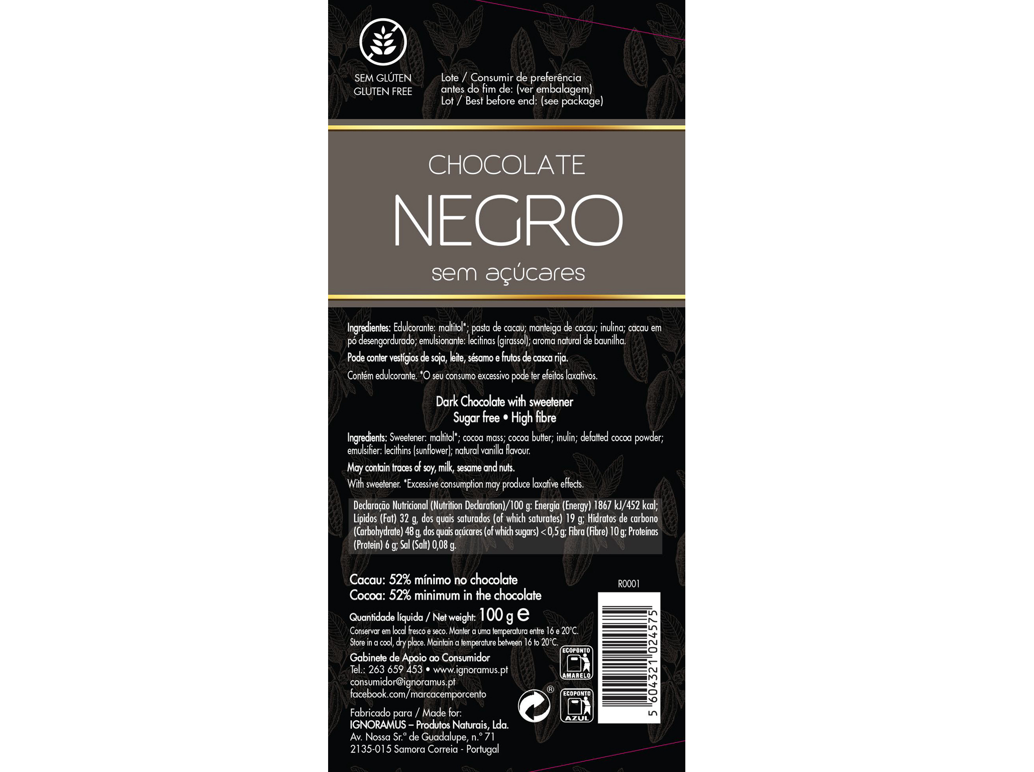 CHOCOLATE CEM PORCENTO NEGRO SEM AÇÚCAR 100G