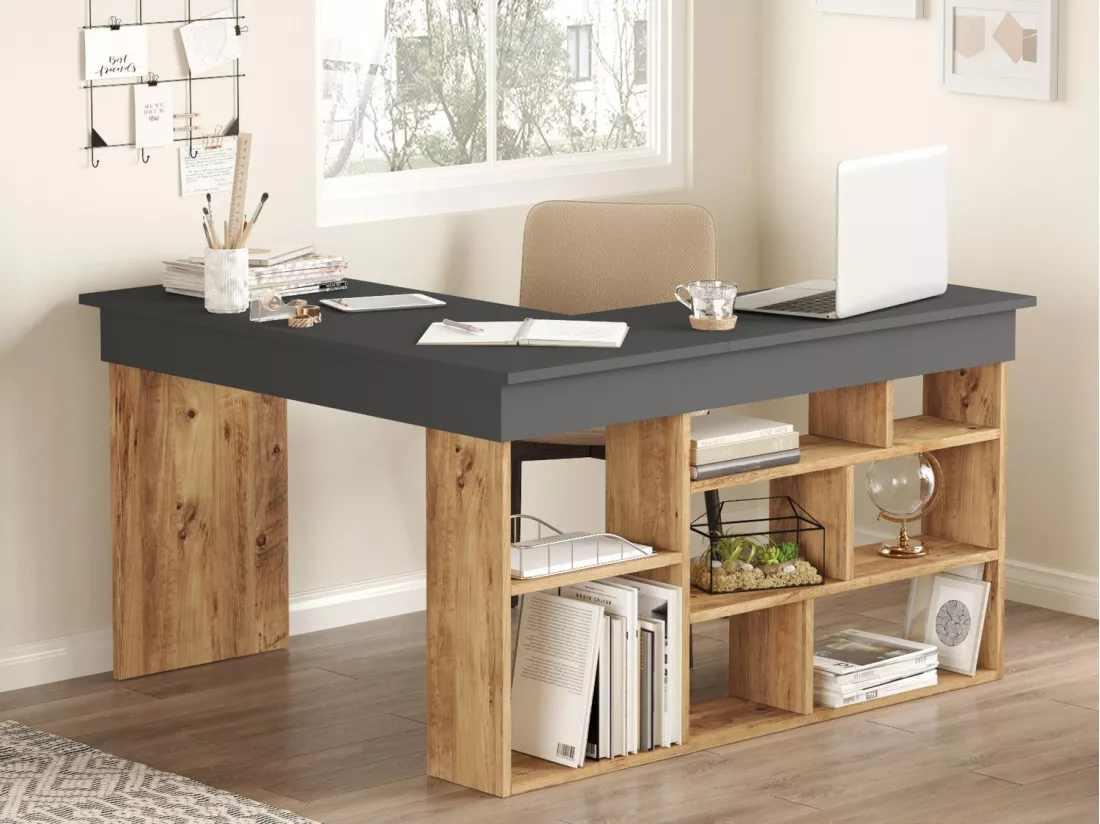 Bureau d'angle avec rangements - Coloris : Anthracite et naturel - LILEUL