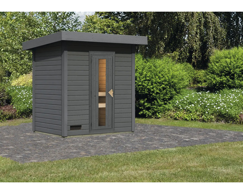 Karibu Talos 1 saunacabine zonder oven, houten deur en isolatieglas, terragrijs
