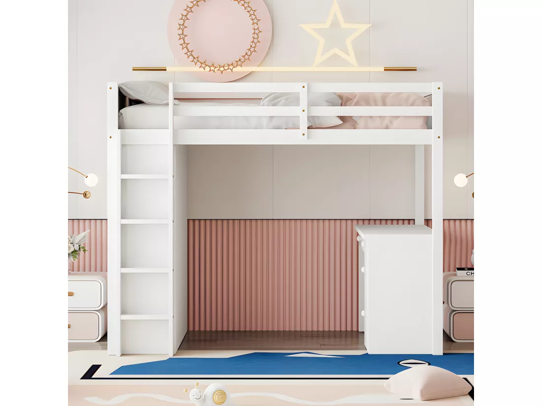 Lit mezzanine 90x200 cm - avec meubles de rangement et un bureau - en bois massif - Blanc