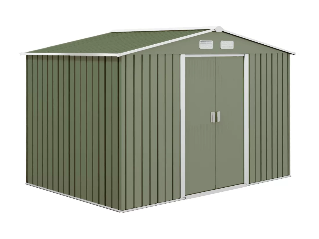 Abri de jardin - remise pour outils - cabanon double porte coulissante - fondation incluse - dim. 277L x 191l x 192H cm - tôle d'acier ondulée vert clair