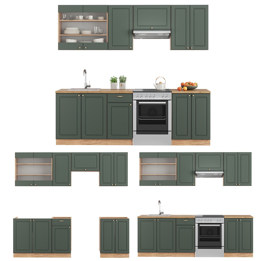 Vicco Küchenzeile Küchenblock Einbauküche Fame-Line Landhaus Eiche Grün Gold 240 cm Küchen Schränke Spülenunterschrank Schubunterschrank Hängeschrank Hängeglasschrank