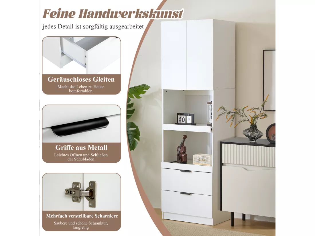 Buffet de cuisine avec 2 portes, 2 tiroirs et étagères - 59.5 x 45 x 200 cm - Bois MDF - Blanc