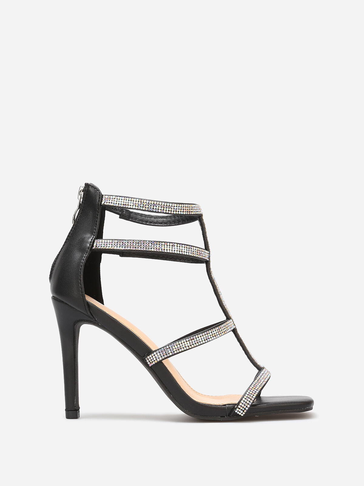 Sandales avec brides à strass et zip- Noir